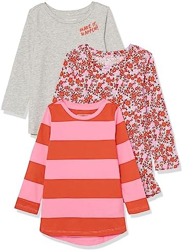 Amazon Essentials Girls' Long-Sleeve Tunic T-Shirts, Pack of 3, Floral/Light Grey Heather/Stripe, Large