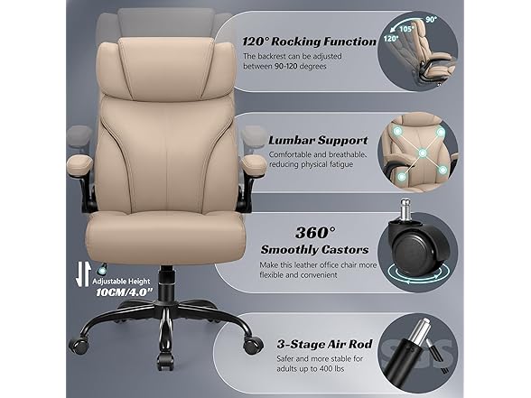 HeroSet Office Chair, Ergonomic Big and Tall Computer Desk Chairs, Executive Breathable Leather Chair with Adjustable High Back Flip-up Armrests, Lumbar Support Swivel PC Chairs with Rocking Function (Open Box)