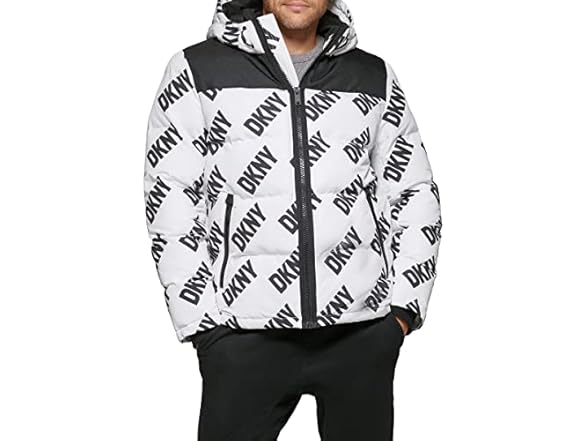 DKNY Mens Shawn Quilted Mixed Media Hooded Puffer Jacket (S)