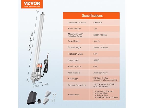 Linear Actuator 12V, 20 Inch Waterproof IP65