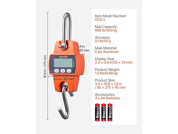 Digital Crane Scale, 660 lbs/300 kg, Industrial