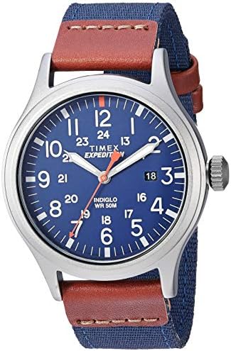 Timex Men's Expedition Scout 40mm Watch – Gray Case Blue Dial with Blue & Brown Fabric & Leather Strap
