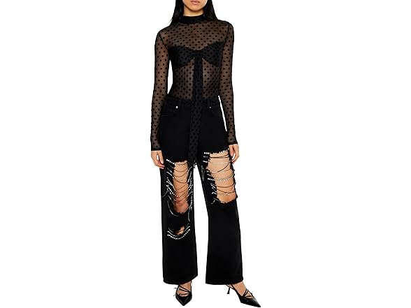 Forever 21 Women (S) Mesh Polka Dot Mock Neck Top