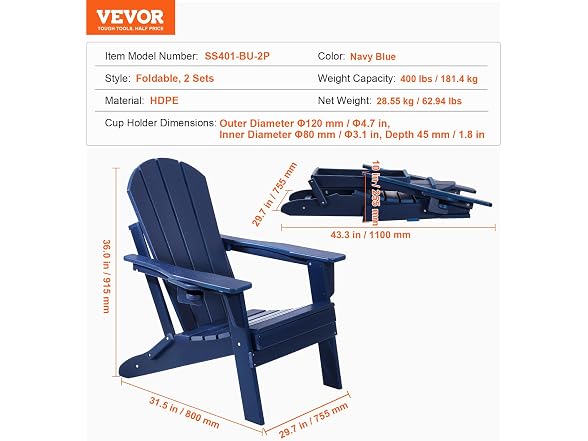 Adirondack Chair Plastic, Set of 2 All-Weather