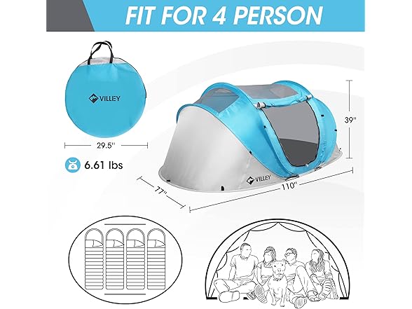 VILLEY 4 Person Easy Pop Up Tent Waterproof