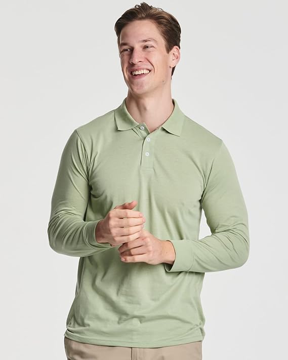 6PK Men's Cotton Long-Sleeve Polo Shirts - Gallery 7
