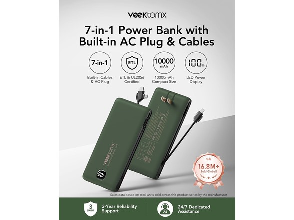 VEEKTOMX 10000mAh Power Bank Cables- Choose Color