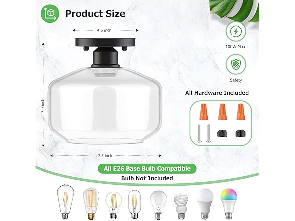 TOBUSA Semi Flush Mount Ceiling Light 2 Pack, Clear