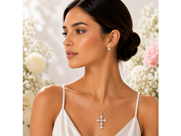 Gold Plated White Clover Cross Pendant