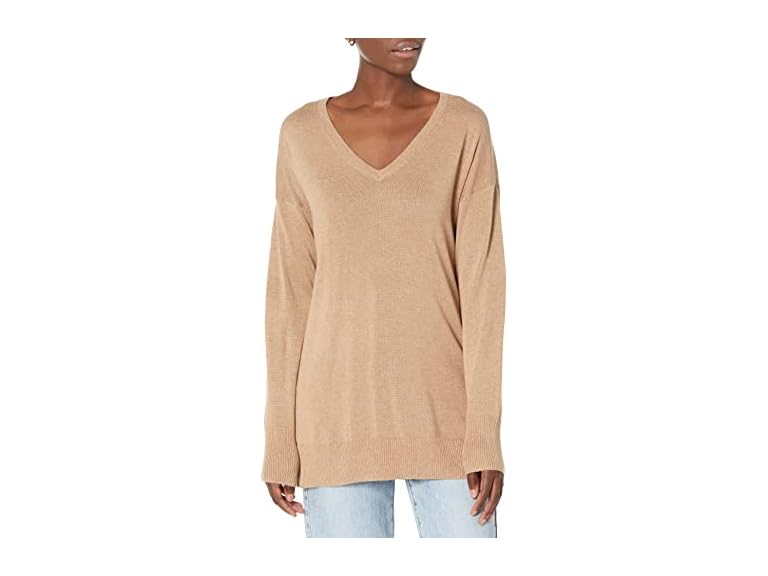 Amazon Essentials Women's Lightweight Long-Sleeve V-Neck Tunic Sweater (Available in Plus Size), Camel Heather, Large