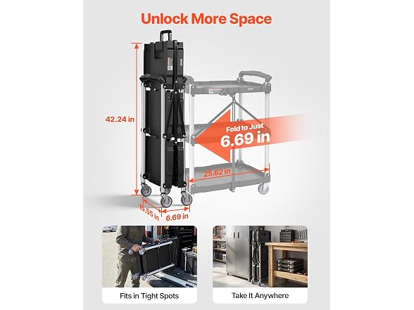 Foldable Utility Service Cart, 3 Shelf 165LBS