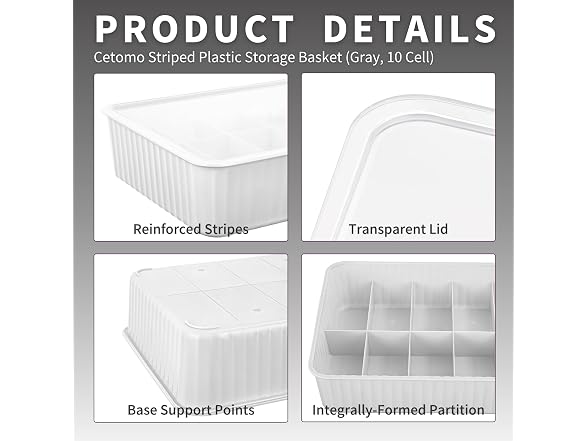 Cetomo 10 Cells Plastic Underwear Sock Drawer Organizer, Gray