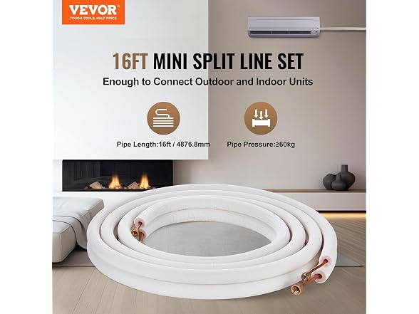 16FT Mini Split Line Set, 3/8" & 5/8" O.D Copper