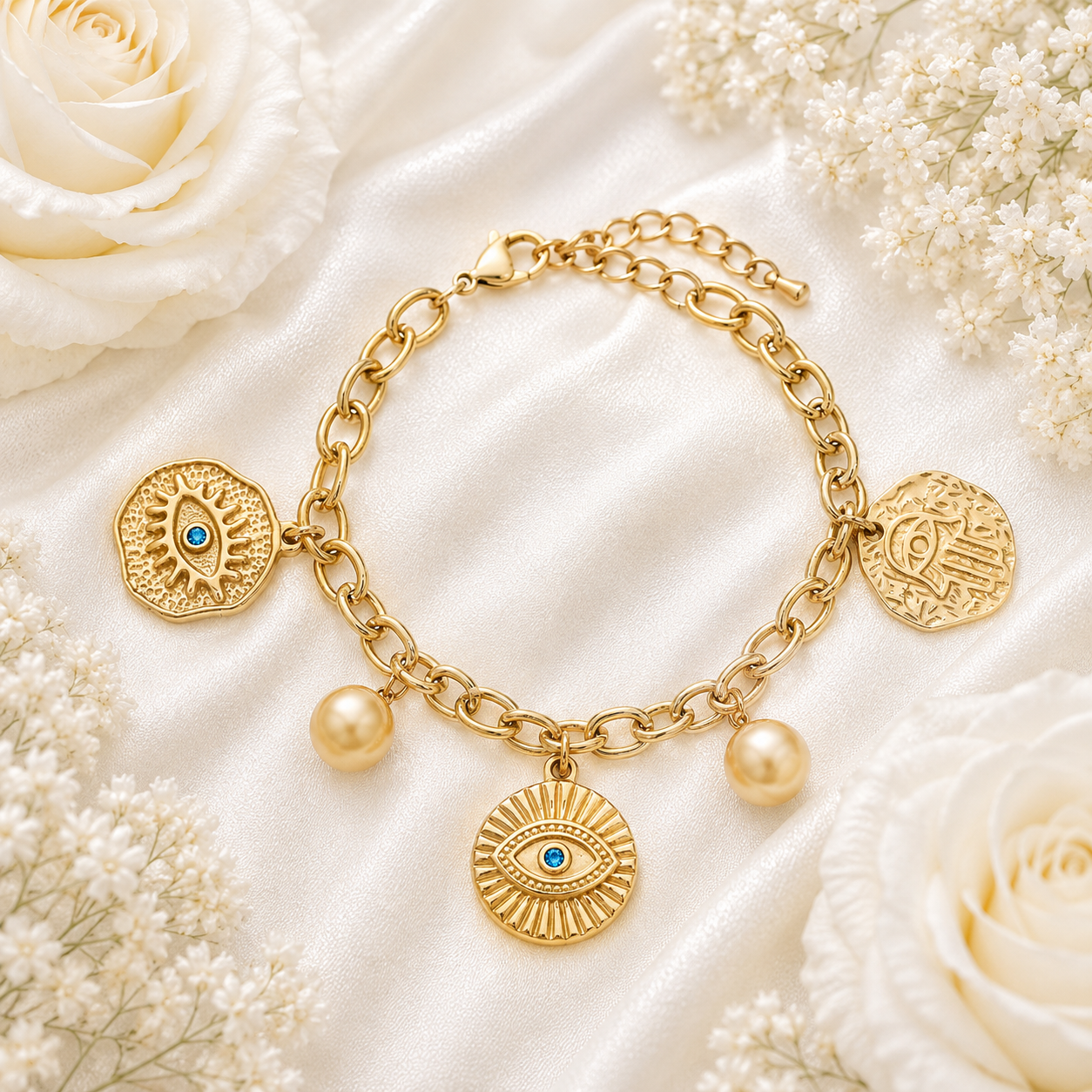 18K Gold Evil Eye Charm Bracelet - Gallery 6