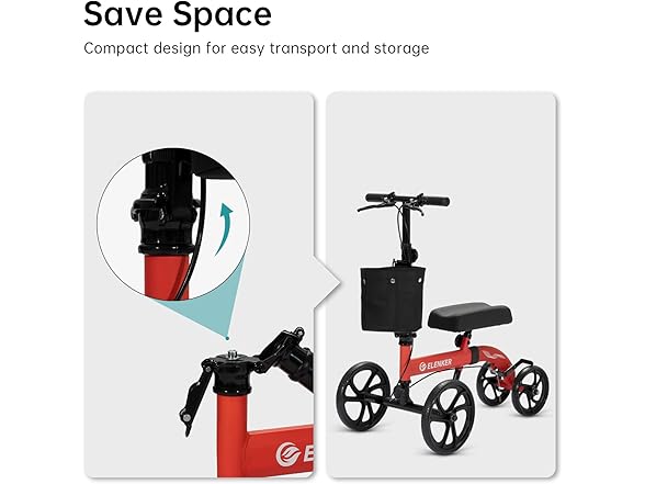 ELENKER Best Value Knee Walker with 10" Front Wheels Steerable Medical Scooter Crutch Alternative with Dual Braking System Red (Open Box)