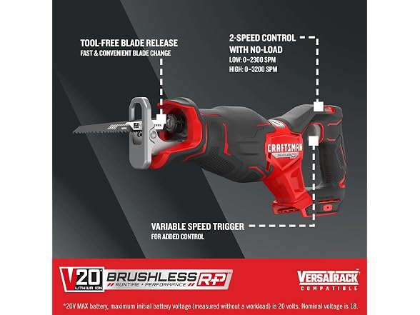 CRAFTSMAN CMCS351B V20* BRUSHLESS RP Cordless Recip Saw
