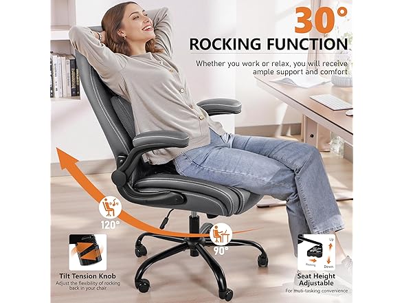 BESTFAIR Office Chair, Executive Computer Desk Chair with Lumbar Support for Lower Back Pain Relief, Ergonomic Leather Home Chair Comfy with Padded Flip-up Arms and Adjustable Armrests, Gray (Open Box)