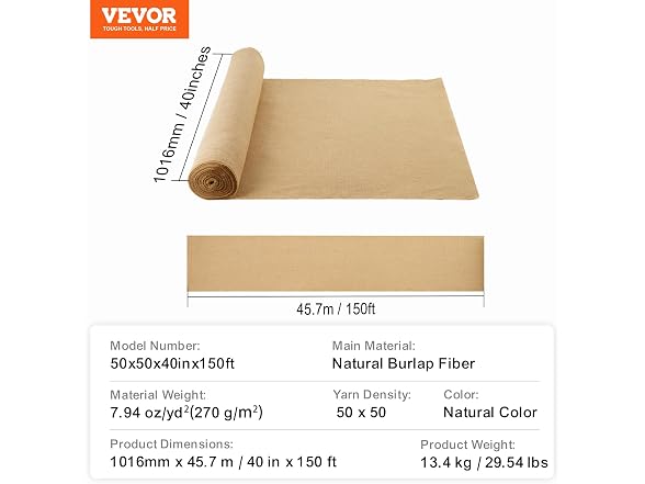 Burlap Fabric Roll, 40” x 150 ft