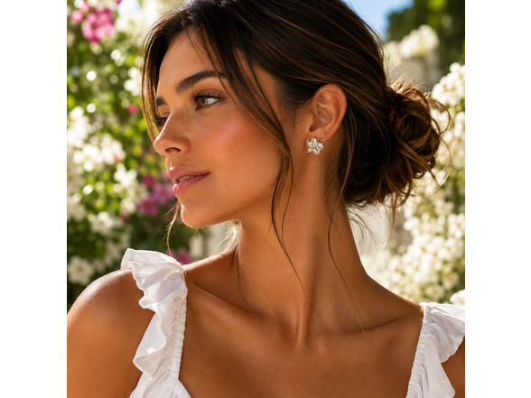 18K Gold Flower CZ Stud Earrings