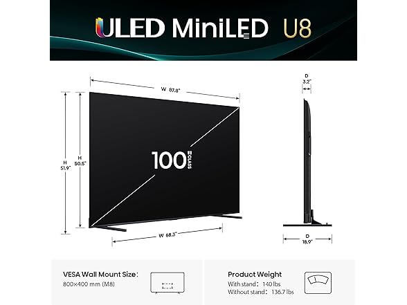 (NEW) Hisense 100" 4K UHD QLED U8 (2025 Model)