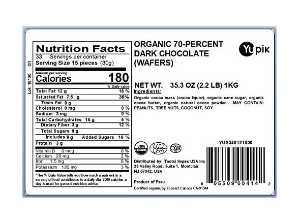 Yupik Organic Dark Choc Wafers 70% 2.2lb