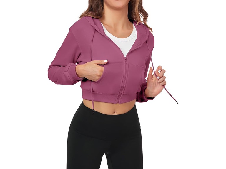FKEEP Cropped Zip Up Hoodie Women Jacket Top Sweatshirt Casual Basic Gym Workout Sport Pink b