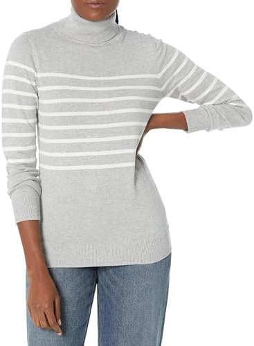 Amazon Essentials Women's Classic-Fit Lightweight Long-Sleeve Turtleneck Sweater (Available in Plus Size), Light Grey Heather White Placed Stripe, Medium