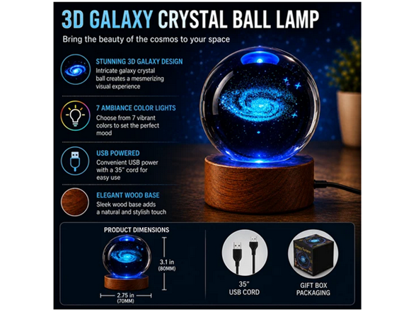 3D Galaxy Crystal Ball USB Powered Lamp