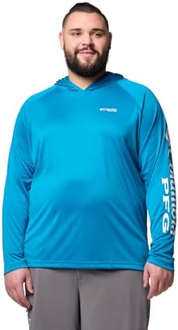 Columbia Mens PFG Terminal Tackle Long Sleeve Fishing Hoodie, Blue Echo/White Logo, X-Large