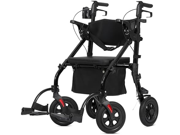 ELENKER All Terrain Rollator Walker Transport Wheelchair Combo, 2 in 1 Rolling Walker with Padded Seat and Wide Backrest, Black (Open Box)