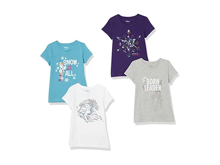 Amazon Essentials Disney | Marvel | Star Wars | Frozen | Princess Toddler Girls' Short-Sleeve T-Shirts, Pack of 4, Purple/Blue/Grey/Frozen 2 Born Leader, 3T