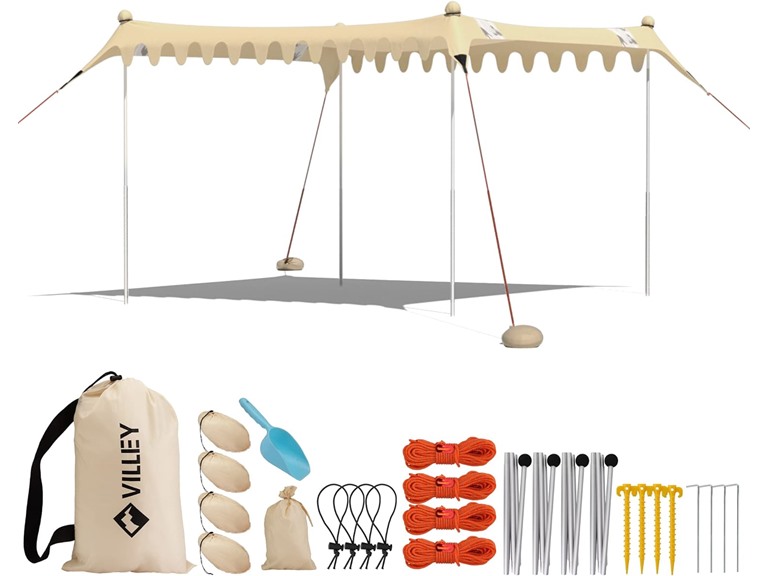 VILLEY Beach Tent Sun Shelter with UPF50+ Protection, 8×7FT Portable Sun Shade with 2 Stability Poles, 8 Ground Pegs, 4 Sandbags and Sand Shovel, Outdoor Beach Canopy for Camping Trips, Picnics