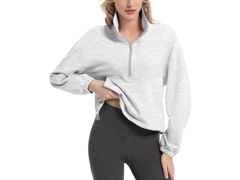 FKEEP Quarter Zip Pullover Women Cropped Sweatshirt Long Sleeve Crop Top Stand Collar Drawstring Casual Pullover Lightgrey