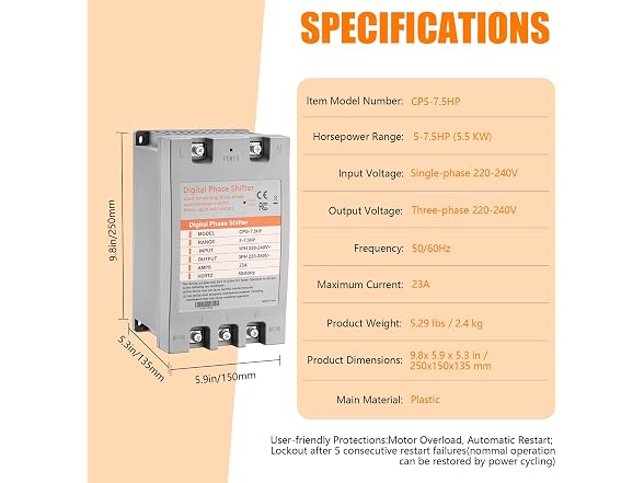 3 Phase Converter- 7.5HP 23A 220V Single Phase
