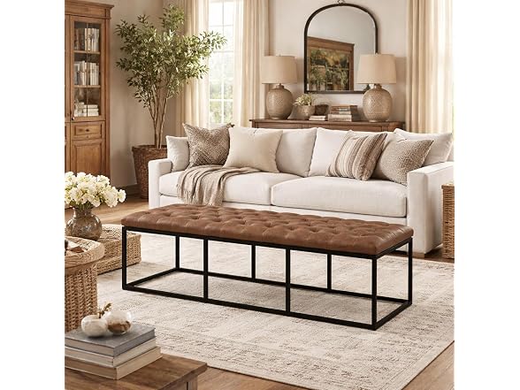 HomePop 58in Bench PU Leather Lt Brown
