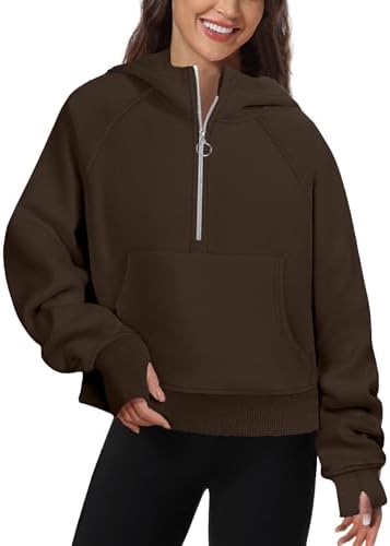 FKEEP Womens Half Zip Hoodies Quarter Zipper Up Cropped Sweatshirt Long Sleeve Athletic Pullover Tops with Thumb Hole(Coffeegrey,X-Large)