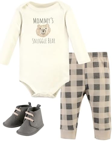 Hudson Baby Unisex Baby Cotton Bodysuit, Pant and Shoe Set, Snuggle Bear Long Sleeve, 6-9 Months