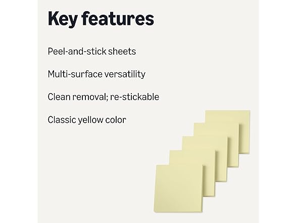 Amazon Basics Square Sticky Notes, Self-Stick Pads, Pack of 5, 3 x 3 inches, Yellow