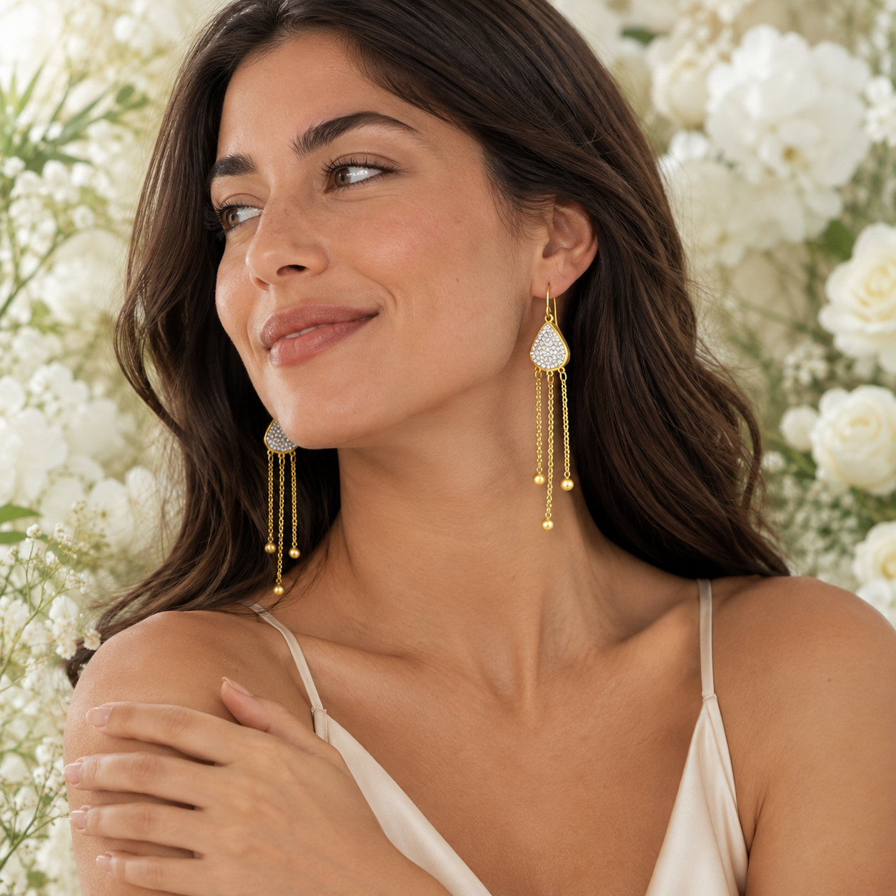 18K Gold CZ Teardrop Chain Earrings - Gallery 6