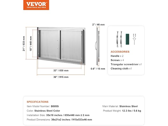 VEVOR BBQ Access Door 36W x 21H Inch