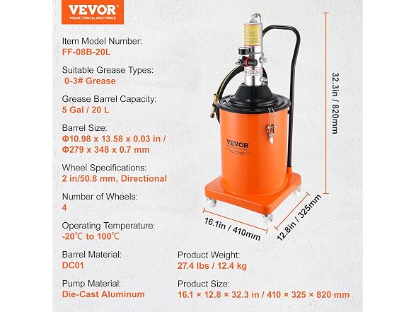 Grease Pump, 5 Gallon 20L, Air Operated 160455