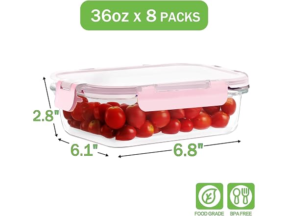 HOMBERKING 8-Pk 36oz Large Glass Meal Prep Containers, Pink