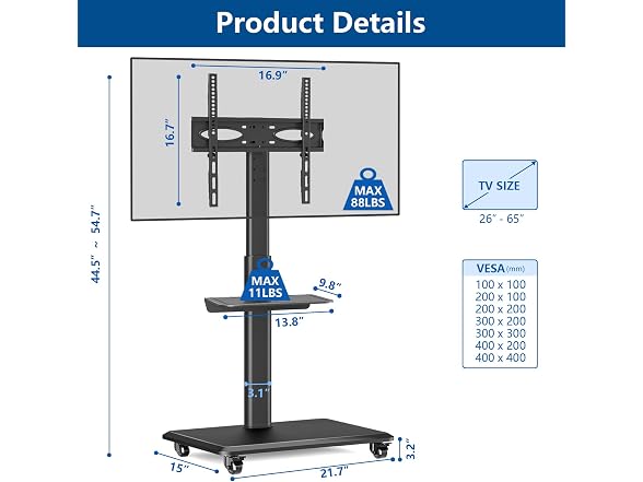 Rfiver Mobile TV Cart Rolling TV Stand