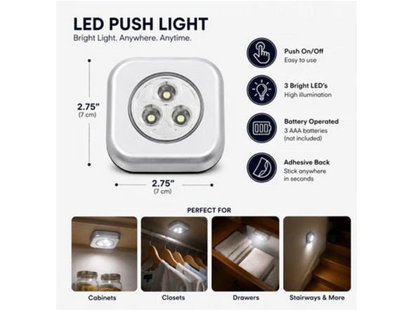6-Pack Small Sq LED Push Light Night Adhesive Battery Operated