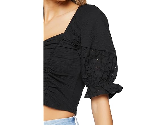 Forever 21 (S) Ruched Eyelet Crop Top Black