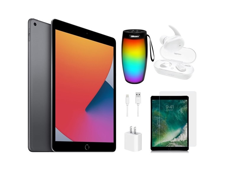 Apple iPad 8 128GB Space Gray Wifi Bundle, Wireless Speaker, Bluetooth Headphones, & Screen Protector