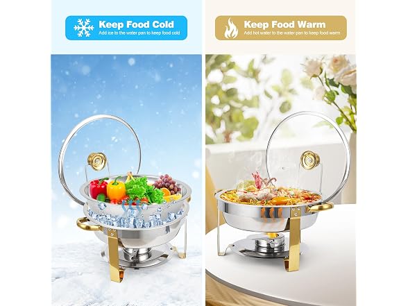 Set of 2 Gold 5QT Stainless Steel Round Chafing Dishes 