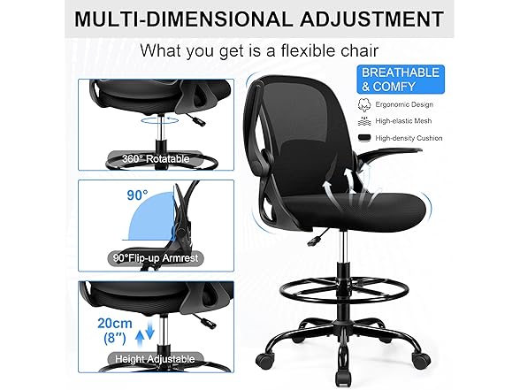 Drafting Chair Tall Office Chair with Flip-up Armrests, Adju (Open Box)