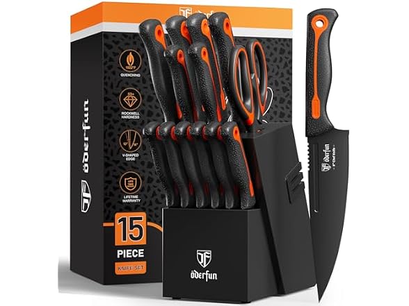 ODERFUN 15 PCS Orange Knife Block Set
