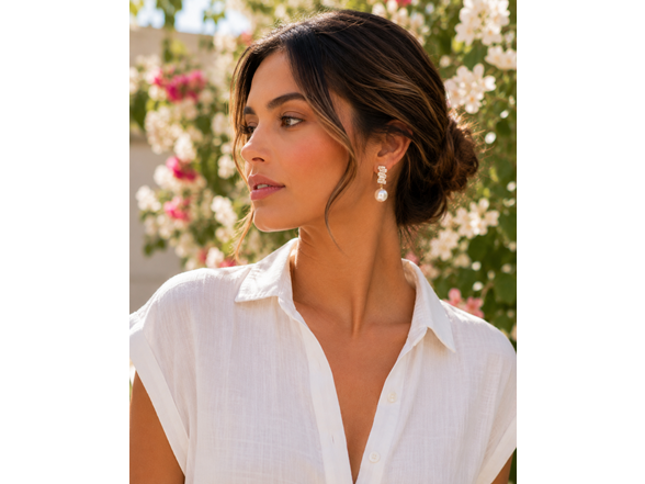 18K Gold Baguette CZ & Pearl Earrings